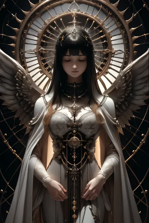 ((best quality、8k、masterpiece:1.3))，((gothic punk angel、prayer pose))、the image color is white.、japanese maiden，((full body port...