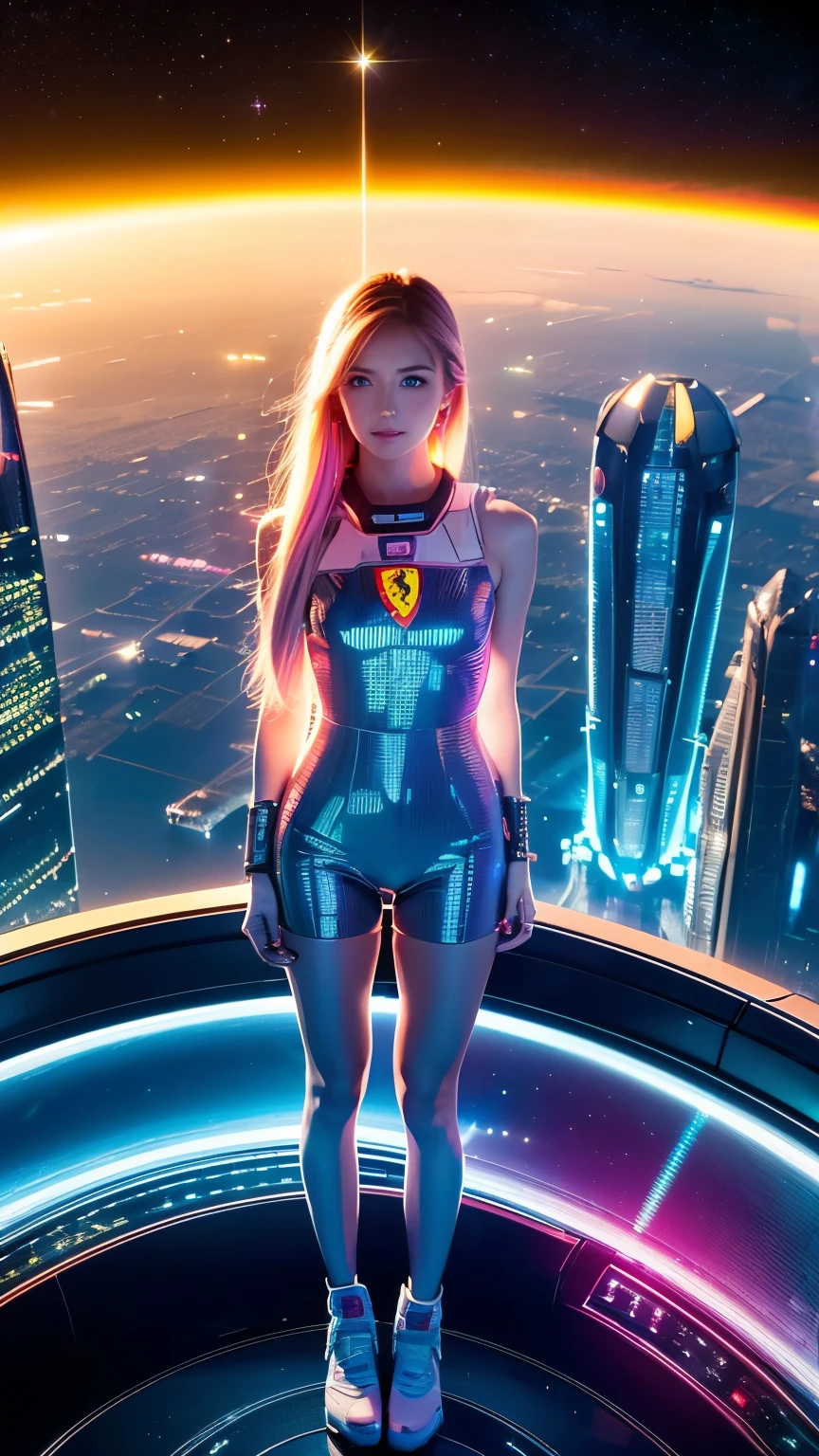 Holographic neon lights illuminate the sky、2800 A.D., Futuristic artificial cityscape of the planet, Reflected in the glass of a skyscraper. ((Best Quality)), ((masterpiece)), (detailed), (High altitude photograph taken from space), Full body portrait, Unusual beautiful girl, Scandinavian girl, ((Very young)), slim, blue eyes, One small necklace, Small earrings, A shy smile, ((detailedな顔)), Yellow long hair, Attractive pose, Dynamic Movement, Natural Makeup, Pink Eyeshadow, Planet future city background, Futuristic Space, ((Space Station)), Bright spot LED lighting, A spectacular space story, ((Circuit girl standing next to a Ferrari))