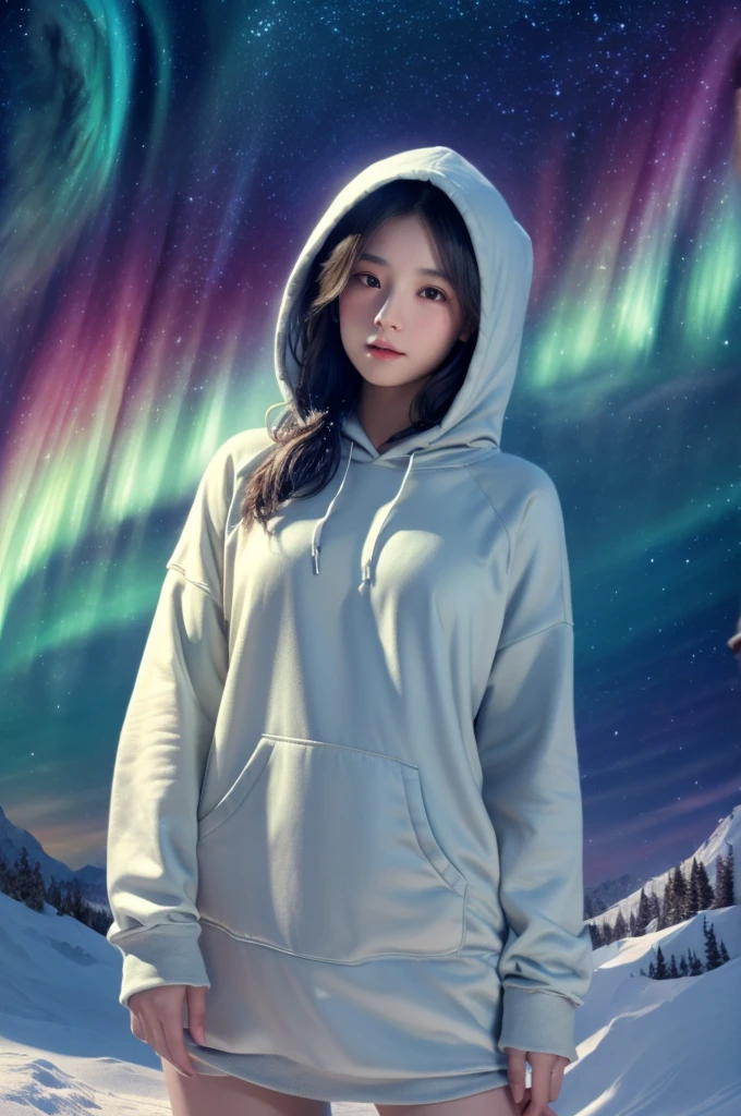 best quality, 8k, very delicate and beautiful, highly detailed face and skin texture, shiny skin, high resolution, beautiful japanese girl in hoodie stand in a snow hill at midnight with aurora sky, sharp focus