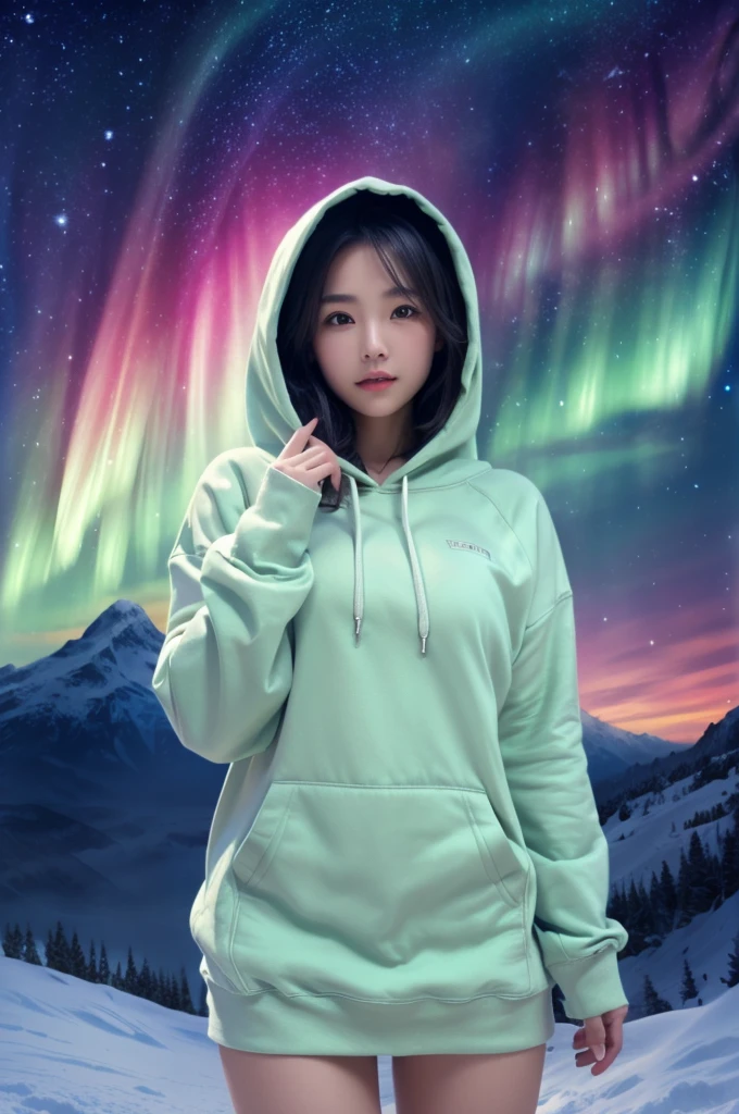 best quality, 8k, very delicate and beautiful, highly detailed face and skin texture, shiny skin, high resolution, beautiful japanese girl in hoodie stand in a snow hill at midnight with aurora sky, sharp focus