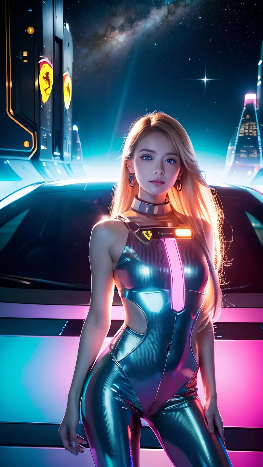 Holographic neon lights illuminate the sky、2800 A.D., Futuristic artificial cityscape of the planet, Reflected in the glass of a skyscraper. ((Best Quality)), ((masterpiece)), (detailed), (High altitude photograph taken from space), Full body portrait, Unusual beautiful girl, Scandinavian girl, ((Very young)), slim, blue eyes, One small necklace, Small earrings, A shy smile, (((detailedな顔))), Yellow long hair, Attractive pose, Dynamic Movement, Natural Makeup, Pink Eyeshadow, Planet future city background, Futuristic Space, ((Space Station)), Bright spot LED lighting, A spectacular space story, ((Circuit girl standing next to a Ferrari))