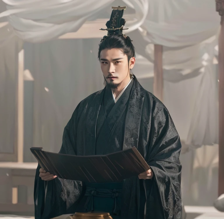 Araped man wearing black robe holding a piece of paper, Hanfu, historical drama, Jinshan, , Three Kingdoms, Opening scene