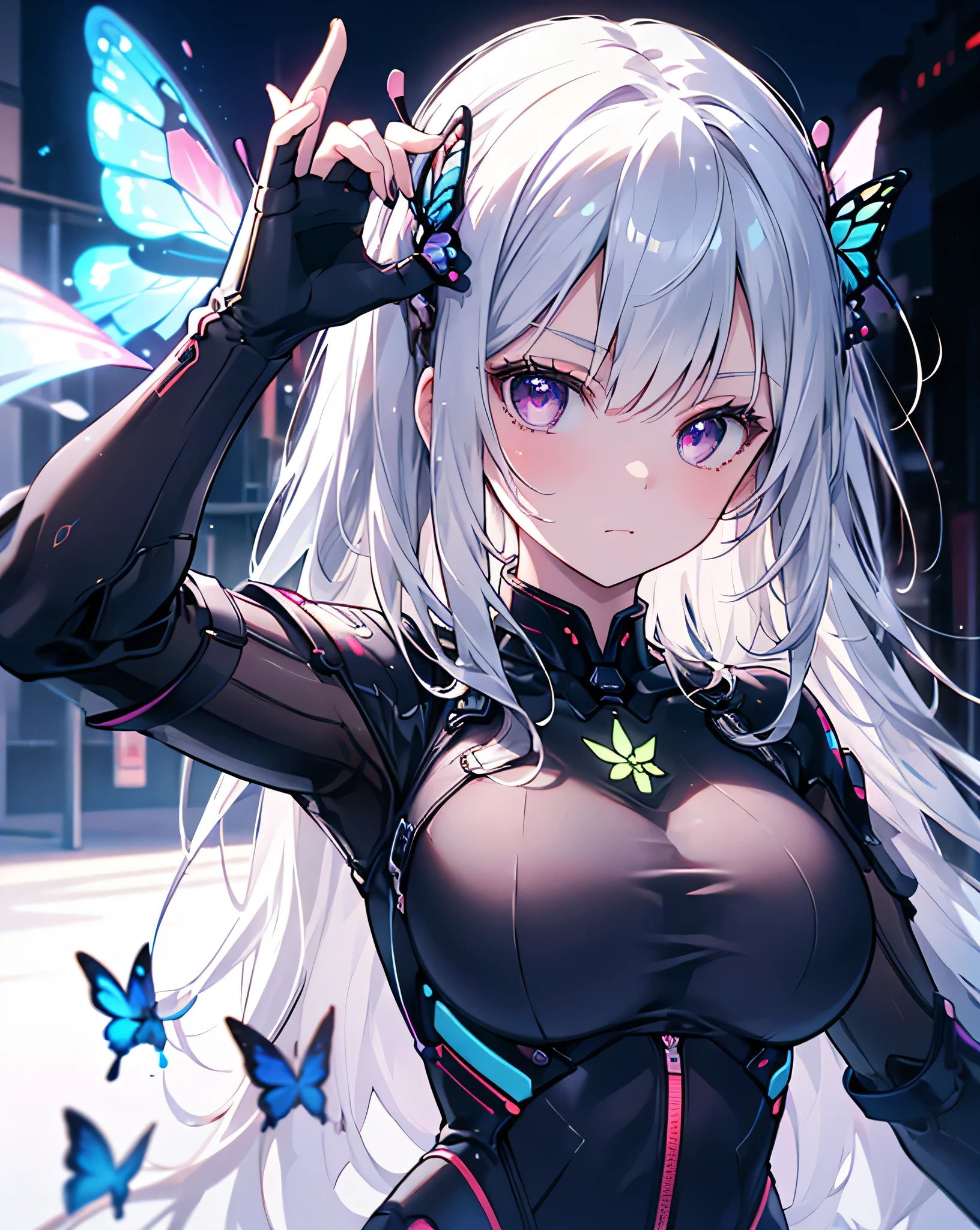 masterpiece, best quality, 1woman, 1girl, solo, 8k uhd, natural shading, neon lighting, detailed fingers, detailed face, high resolution, white hair, long hair, bangs, purple eyes, huge breasts, cyber style, bodysuit, butterfly ornament, perfect body, showcase, selfie pose, outdoors, simple backround,