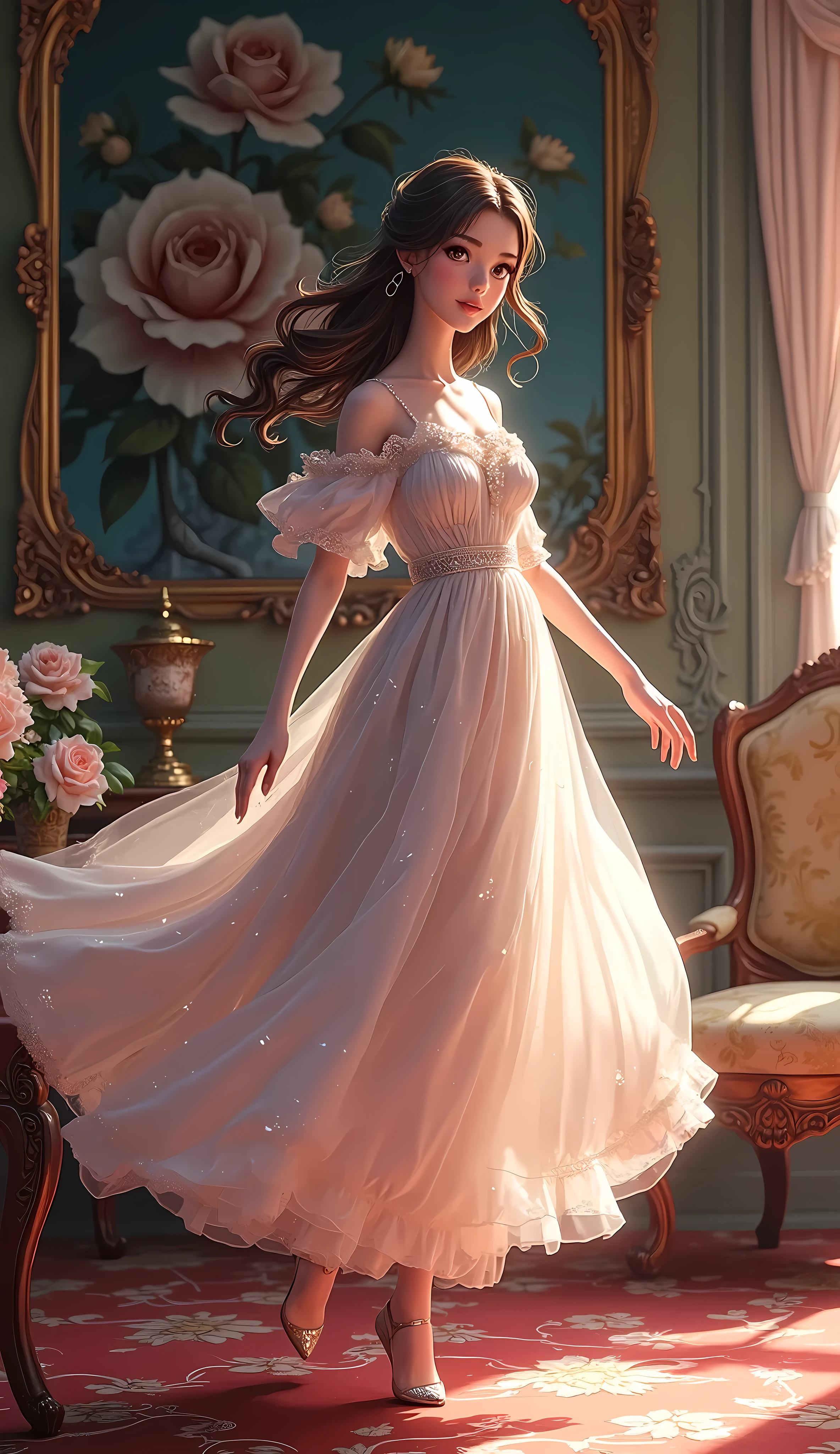 Attractive woman, Antique room, A girl who changes from a photo to an animation as she moves from left to right on the screen, Seamless Change, Girl to Anime Girl The background changes gradually from anime to photo from left to right of the screen, 