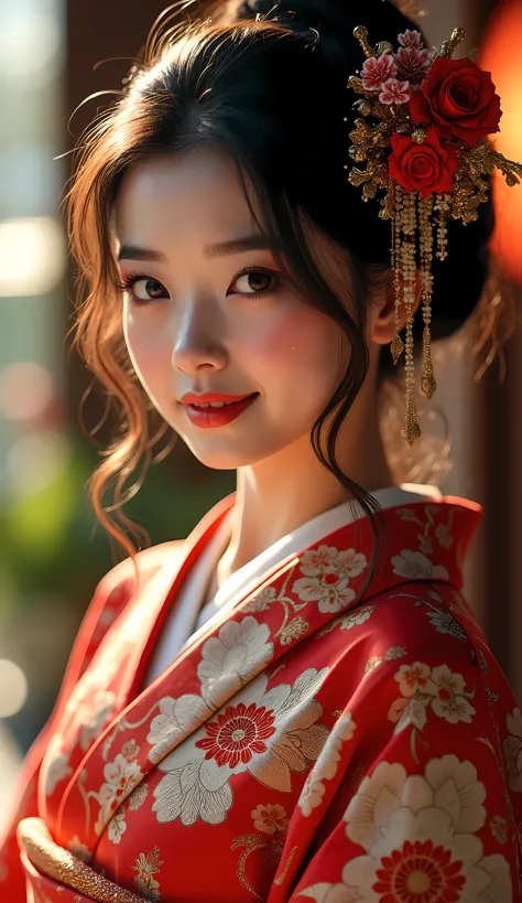 1 beautiful japanese woman in high quality kimono, one shoulder exposed, alluring and charming, cute and friendly expression, se...