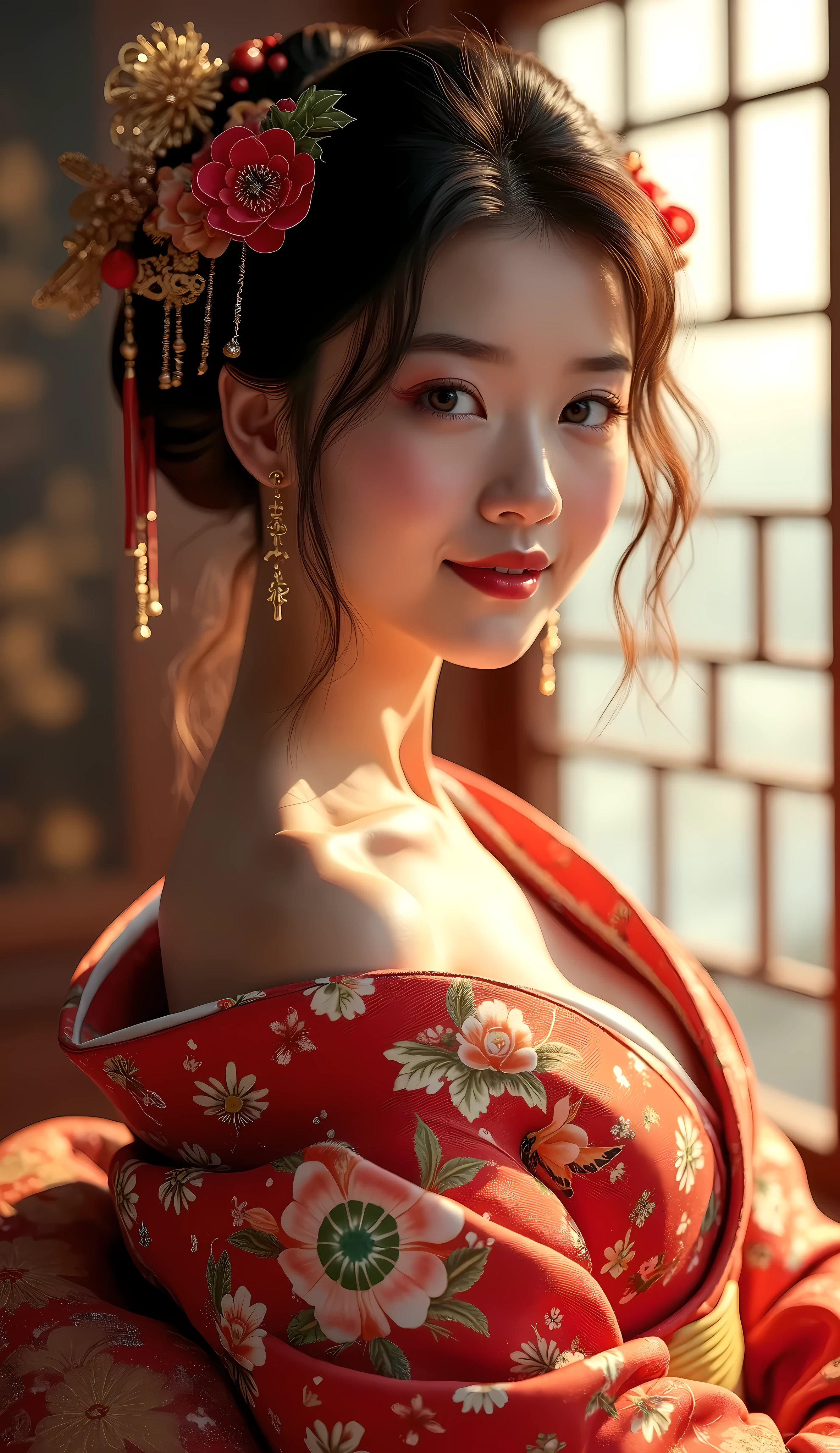 1 beautiful japanese woman in high quality kimono, one shoulder exposed, alluring and charming, cute and friendly expression, sensual and elegant pose, captivating the audience, detailed face, intricate kimono patterns, cinematic lighting, warm color tones, high resolution, photorealistic, masterpiece