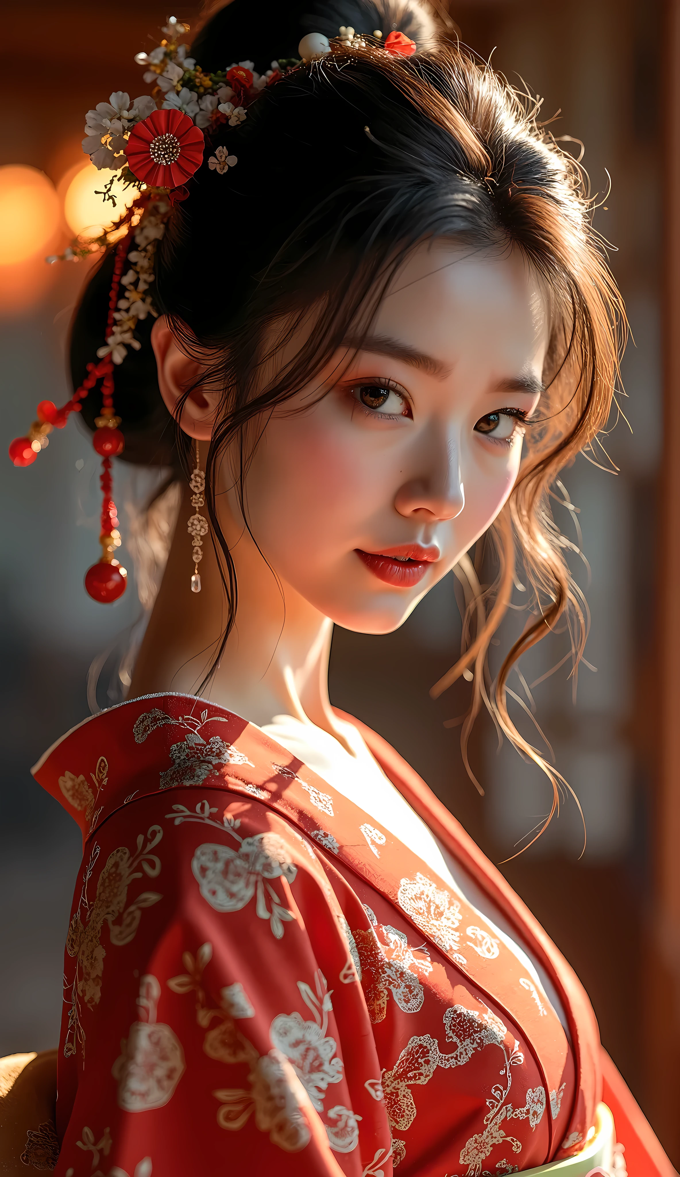 1 beautiful japanese woman in high quality kimono, one shoulder exposed, alluring and charming, cute and friendly expression, sensual and elegant pose, captivating the audience, detailed face, intricate kimono patterns, cinematic lighting, warm color tones, high resolution, photorealistic, masterpiece