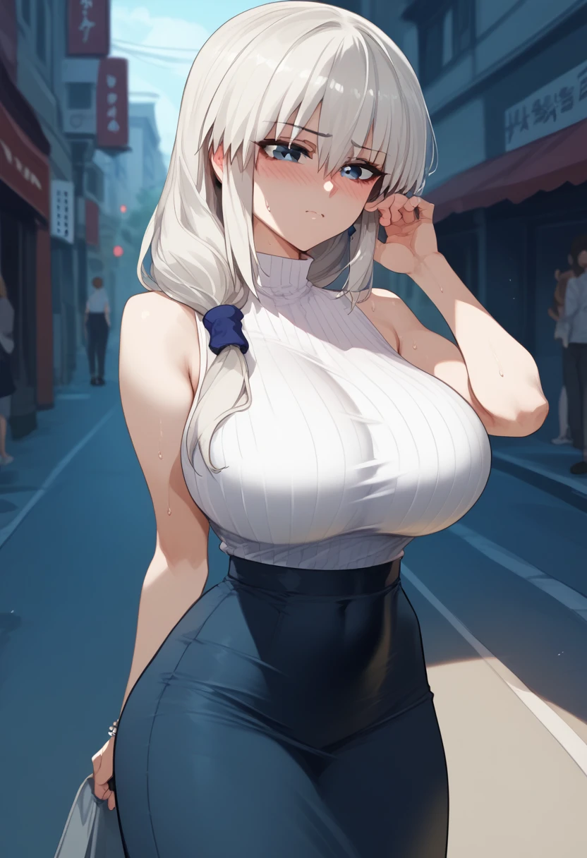 Huge breasts、blush、Sweat、In the heat、Long white hair、Braiding、uzaki_fortune、
{Highest quality}, {so beautiful}, {Very detailed}, {Best illustrations},Life、High neck sleeveless white ribbed T-shirt(tight)、ハイウエストBlack long skirt、Are standing、