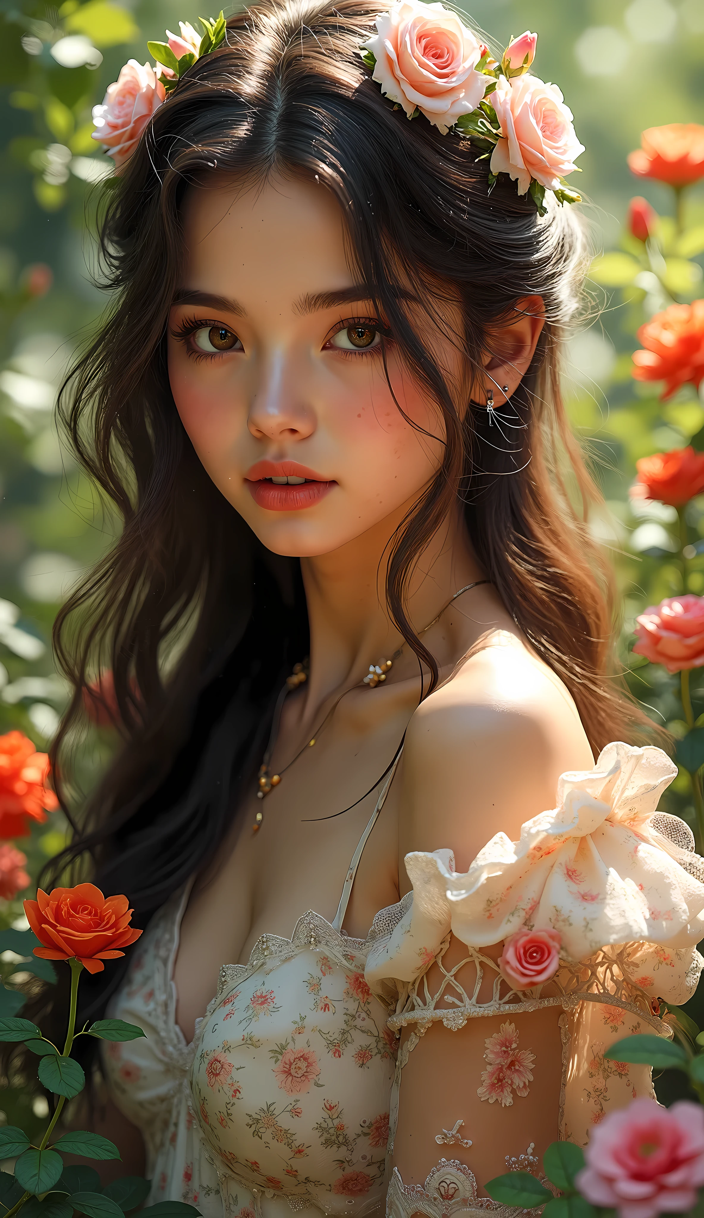 a beautiful girl in an ethereal garden, detailed realistic face and eyes, long flowing hair, elegant floral dress, surrounded by lush greenery and vibrant flowers, ultra-detailed, 8k, photorealistic, masterpiece, intricate textures, soft lighting, warm color palette, cinematic composition