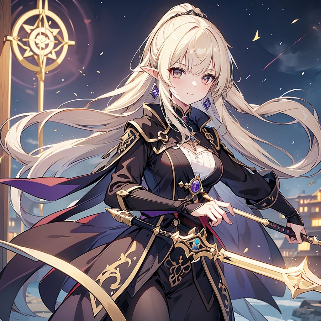 Eye patch、Witch costume、elf、grimoire、magic circle、Long Hair, chest, Blonde, ponytail, Pointy Ears, best quality, Snap your fingers、One Woman, Detailed face, Soft Lighting, Soft Light, Soft Focus, Perfect Face, Beautiful and accurate anatomy, Expose too much, 8k, 4K, (High resolution:1.1), Best Quality, (masterpiece:1.3), One girl, alone, jewelry, brown eyesSee viewers, Earrings on only one ear、Beautiful woman、Medieval streetscape、Shining magic circle、Black clothes、A fearless smile、Intimidating look、Deep slit、Carrying a large sword、Simple Sword