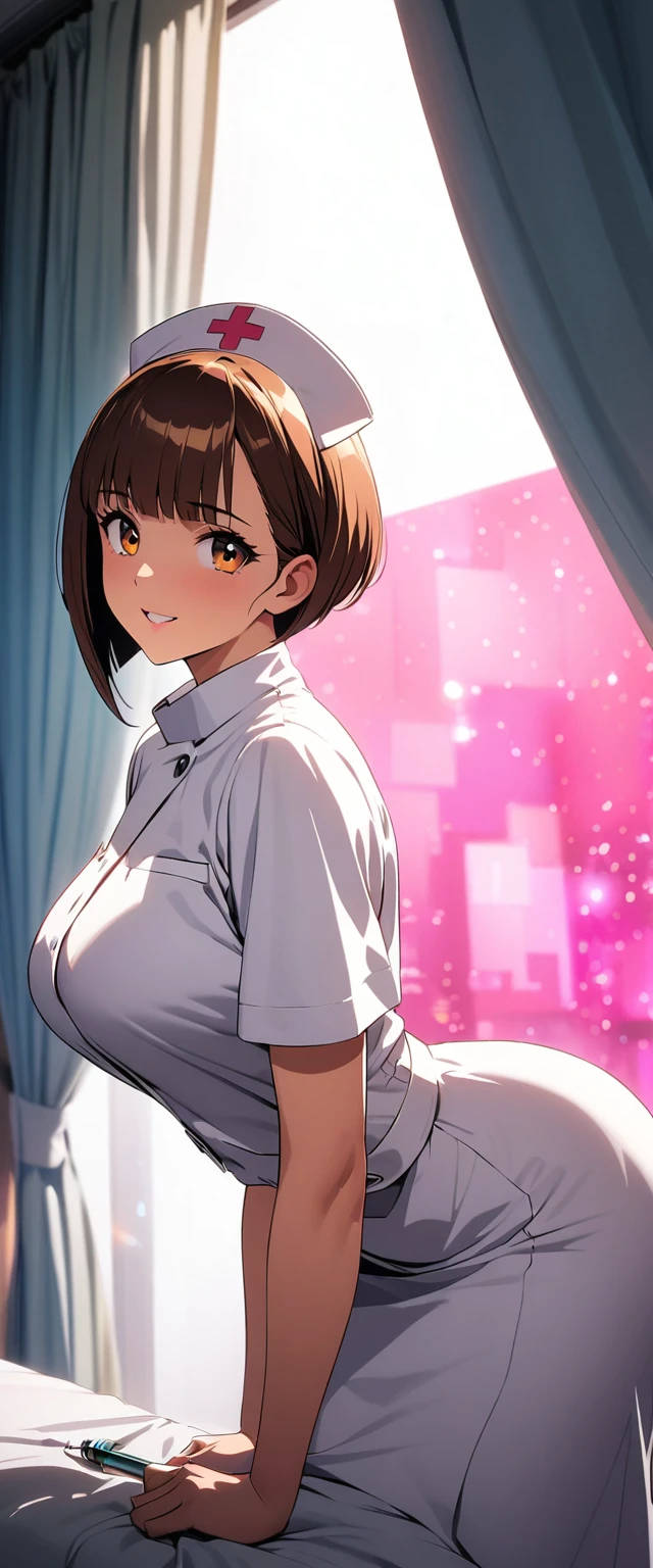 (beautiful girl: 1.3),One girl,masterpiece,Please redeem,Ultra-high resolution,Rich contrast,super high quality,8k,High-definition CG unit wallpaper,Texture,Very absurd,RAW Photos,Please redeem anime,Depth of written boundary 1.2,Very detailed eyes,Glowing Skin,Glitter Effect,Beautiful glossy lips,(Brown Hair,Sharp Bob),Nurse uniform,Nurse working in hospital,syringe,Great smile,white Nurse uniform,Large Breasts,Big round ass,(Rear View:1.5)