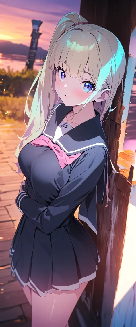 (beautiful girl: 1.3),One girl,masterpiece, Please redeem, Ultra-high resolution,Rich contrast,super high quality,8k,High-definition CG unit wallpaper,Texture,Very absurd,Ultra-high resolution,RAW Photos,Please redeem anime,Depth of written boundary 1.2,(Blonde),Very detailed eyes,Glowing Skin,Glitter Effect,Beautiful glossy lips,Thick bluish eyeshadow, Thin eyebrows, Thick black eyeliner, I drew eyeliner around my eyes to emphasize them., False eyelashes,(Sunburned skin:1.2),Detailed sailor uniform,mini skirt,(Large Breasts),(Big round ass),lake,sunset,lakeの水に入っています,(Rear View:1.5),Himemori Luna