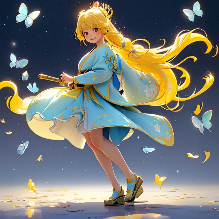 ((High resolution　Yellow Hair　Long Hair　Goddess of Victory　1 person　Lonely　smile))　((Blue Butterfly　night　Japanese Style　old　Shining Aura　rainbow))　(dance　Blade of Light　Shining Holy Sword　Swing Down　Slash)　moon　star　Draw your sword　Slash　Catching the Wind　autumn