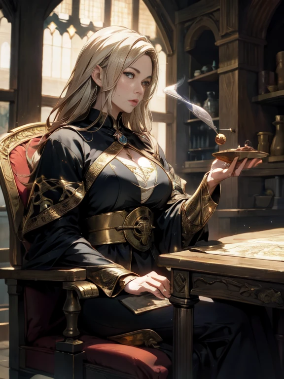 Mature Woman、Anime-style super realistic、Medieval period、Fantasy、Advanced magician、Magician&#39;s Hat、Black-purple costume、sexy、Bewitching beauty、The face is super detailed、/(Big Breasts 2.2、Saggy breasts 1.4、/), Broad shoulders、Large build、Slim Belly、Slightly wide hips、 /(Long blonde hair, Long face and narrow eyes, Detailed face/) Fluffy eyelashes and thick eyeliner, Magic runes in hands。Casting a spell。Mysterious Light。Moonlit Night、On the Cliff。Standing on top of a cliff by the sea。