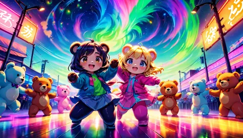 colorful plain background, few dancing chibi bears, (ethereal, fluorescent colors, neon lights), aurora_borealis, (masterpiece),...