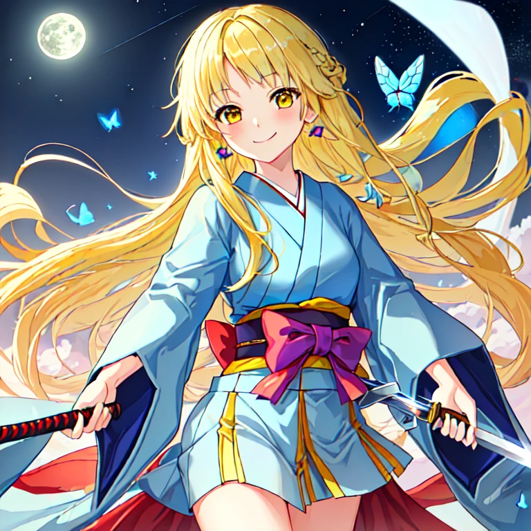 ((High resolution　Yellow Hair　Long Hair　Goddess of Victory　1 person　Lonely　smile))　((Blue Butterfly　night　Japanese Style　old　Shining Aura　rainbow))　(dance　Blade of Light　Shining Holy Sword　Swing Down　Slash)　moon　star　Draw your sword　Slash　Catching the Wind　autumn