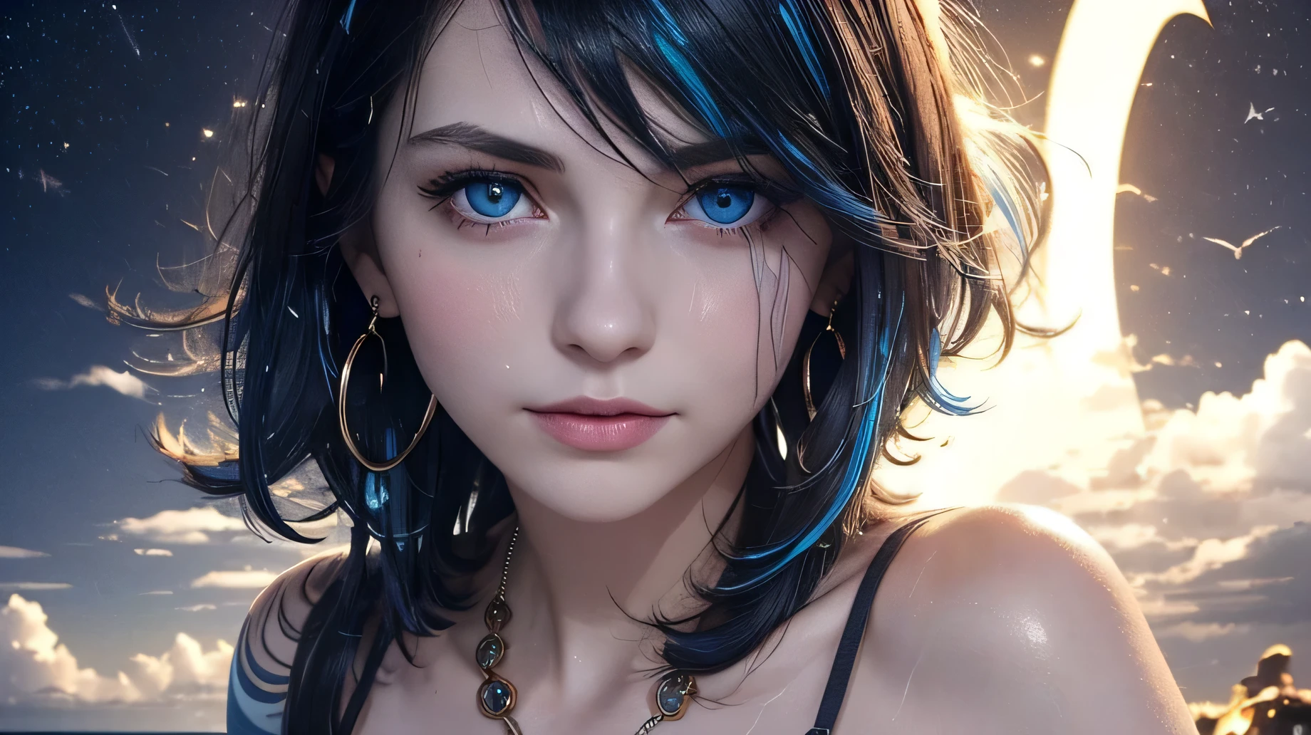 (Midnight:1.4) ((eye closeup shot)). masterpiece, best quality, high quality, 4K, (((black hair, colored inner hair, blue hair))). (bob without bangs) hairstyle with volume,Ukrainian young woman((very pale white skin)), toned body,
((tattoo)), (cropped shirt,), red crop top, many(necklaces), (Many earrings)(many bracelet). knit is open in the front. Board a cruise ship and look at the sea from the deck. she was sweating, and her face and chest were extremely wet with sweat. She is perspiration, be wringing with lot of sweat, sweat like a pig. Skin shiny with lot of sweat、Illumination that emphasizes shiny sweat(Spread:1.4)