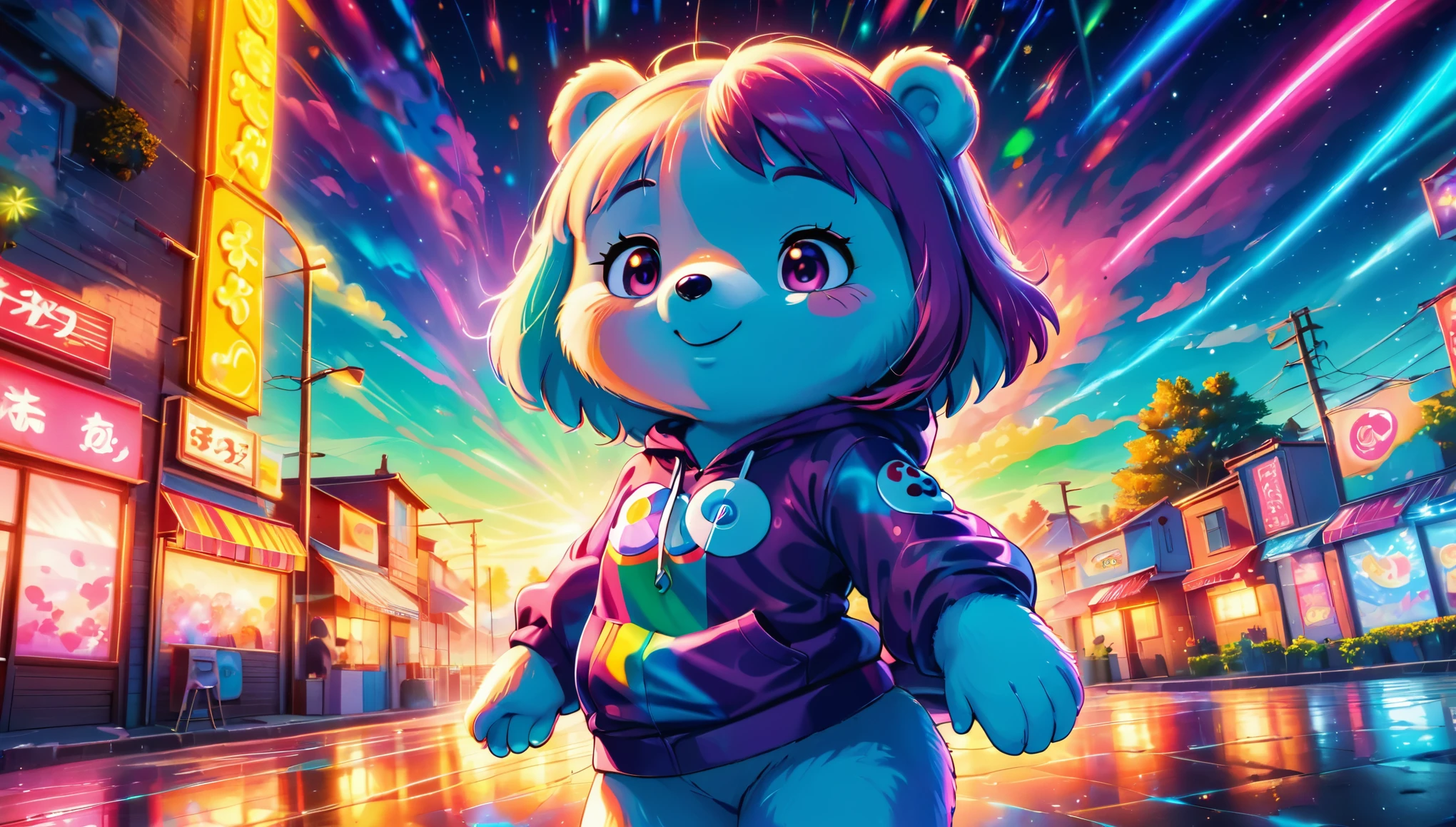 colorful nature plain background, few care bears wearing street wear dancing, (Ethereal, fluorescent colors, neon lights), aurora_borealis, (masterpiece), best quality, highres, 4k, 8k, cinematic lighting, amazing quality, amazing shading, soft lighting, light particles floating, feerie aura, chromatic aberration, colorful starry night time, intricate detail, extremely detailed, Illustration, official artwork, anime style, wallpaper, official art, analog style, a realistic photo, film grain, (photorealistic:0.6), taken by a canon eos r5, chromatic aberration, colorful, bright colors