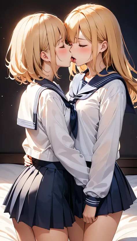 (Highest quality, 8k, 4K, High Contrast, masterpiece:1.2, Anime Style, Beautiful CG illustrations), 2 girls, Blonde hair and lilac eyes, Brown hair and brown eyes, BLANCING, Embarrassment, Sailor suit, mini skirt, French Kiss, Kiss on the mouth, Intimate, saliva, bedに腰かけて, Blushed, Close your eyes, Dim lighting, bed, Silk sheets, cushion.