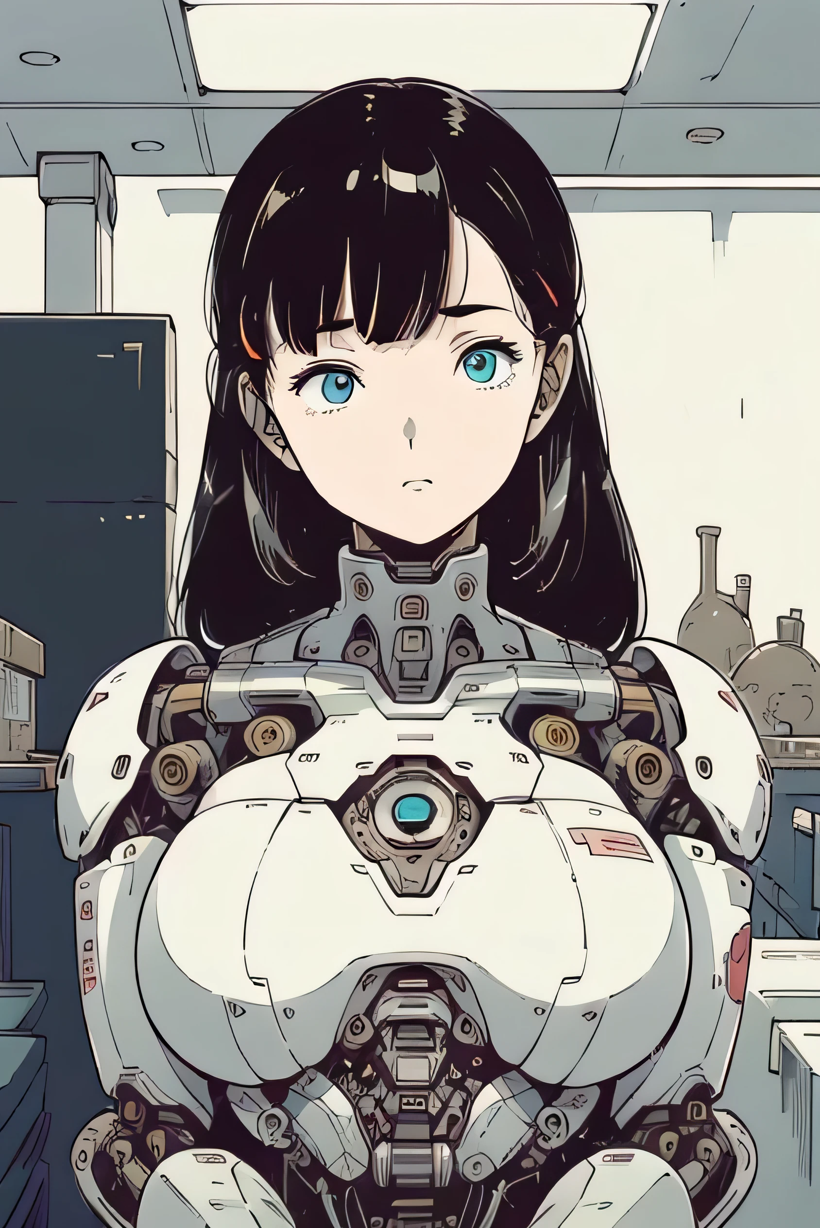 masterpiece, best quality, extremely detailed,  Japaese Cyborg girl,Plump,chubby,control panels,android,Droid,Mechanical Hand, Robot arms and legs, Black Robot Parts,Black hair,Mechanical body,Blunt bangs,White robotics parts,perfect robot girl,future information counter,reception,long tube,thick cable connected her neck,ceramic body ,mechanical body,mechanical costume,android,robot,humanoid,cyborg,information office,japanese android receptionist ,mechanical chest,blue eyes,blank eyes,office-lady