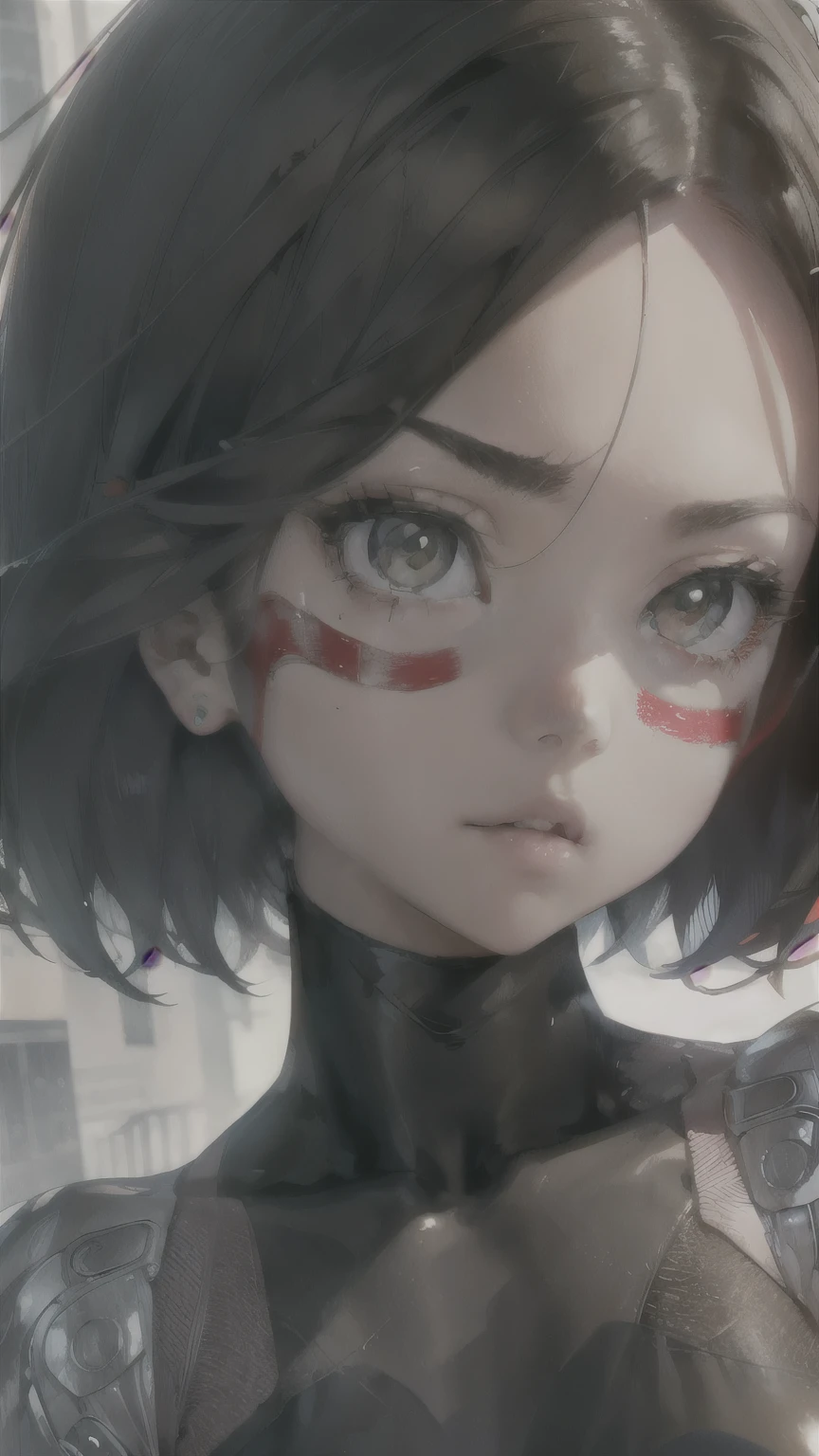 One Lonely Girl, (masterpiece:1.3), High resolution), (8k), (Very detailed), (4K), Perfect Face, Beautiful eyes and face, (Best Quality), (Super detailed), Detailed face and eyes, (Alone), Thick lips、Textured skin, High resolution, Red face paint, bare shoulders, Mechanical Arm,(Mechanical Hand:1.1), robot, Facial scars, (Bodysuits), (pants) ,Cyberpunk, Brown eyes, Black Hair, short hair, Dynamic pose、Martial artist pose, Cloudy