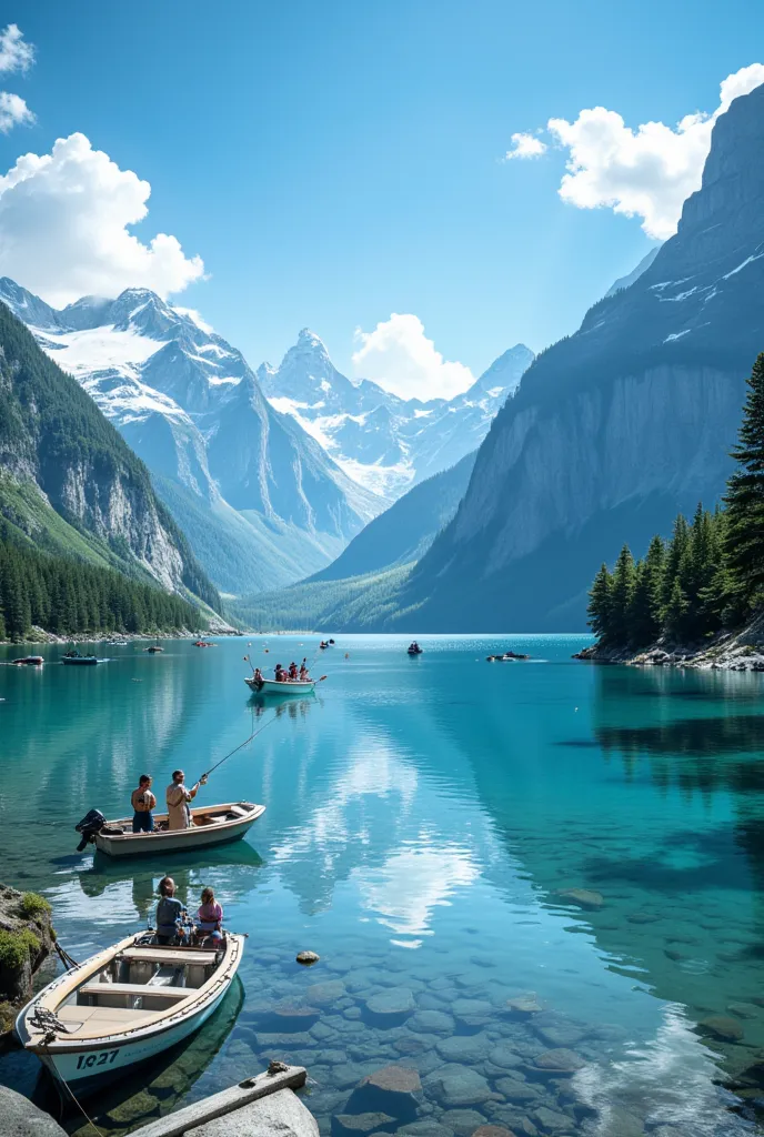 the lake water is clear to the bottom, and the distant mountains appear particularly beautiful against the blue sky and white cl...