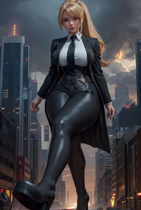 giantess art, giga giantess in distance walking on through city, a toung woman with beautiful curves, massive thighs, blonde hai...