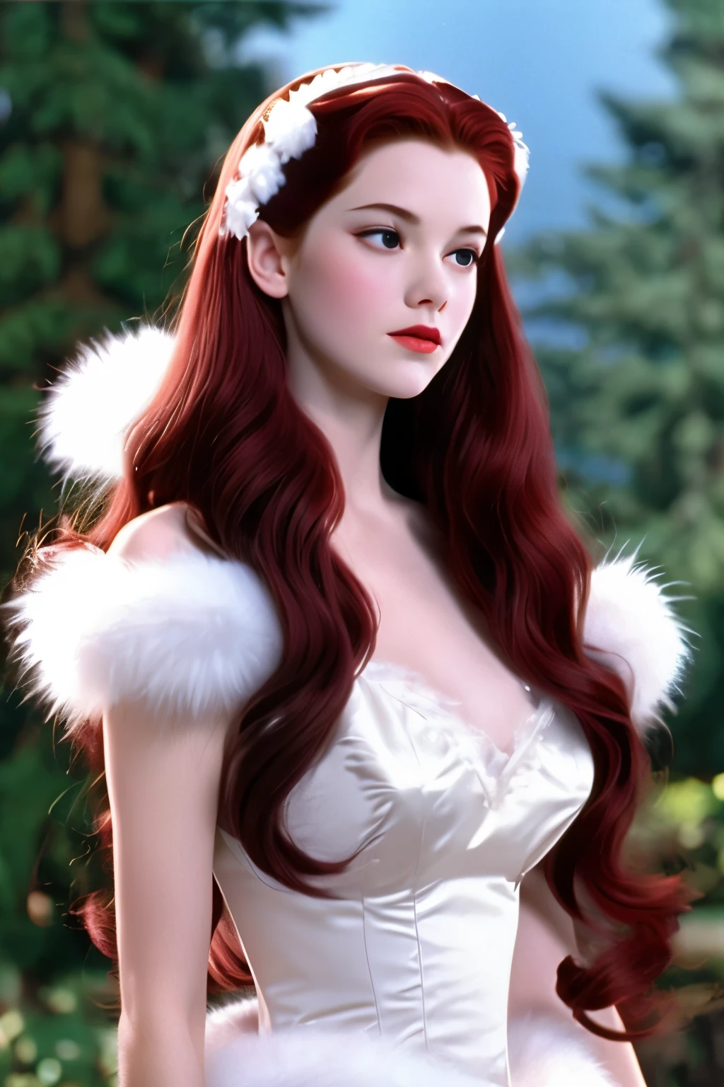 Film still, girl, dark cherry red hair, long wavy hair, pale white skin, 1996 movie, faux fur