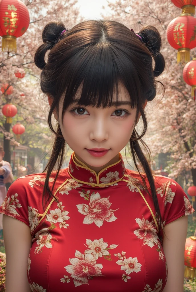 Eyes are very fragile，Double ponytail cheongsam，Chinese New Year Decorations（（Smile artwork）））， （（Best quality））， （（Intricate details））， （（Surrealism））（8K）