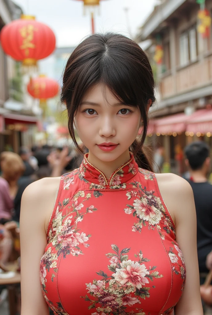 Eyes are very fragile，Double ponytail cheongsam，Chinese New Year Decorations（（Smile artwork）））， （（Best quality））， （（Intricate details））， （（Surrealism））（8K）