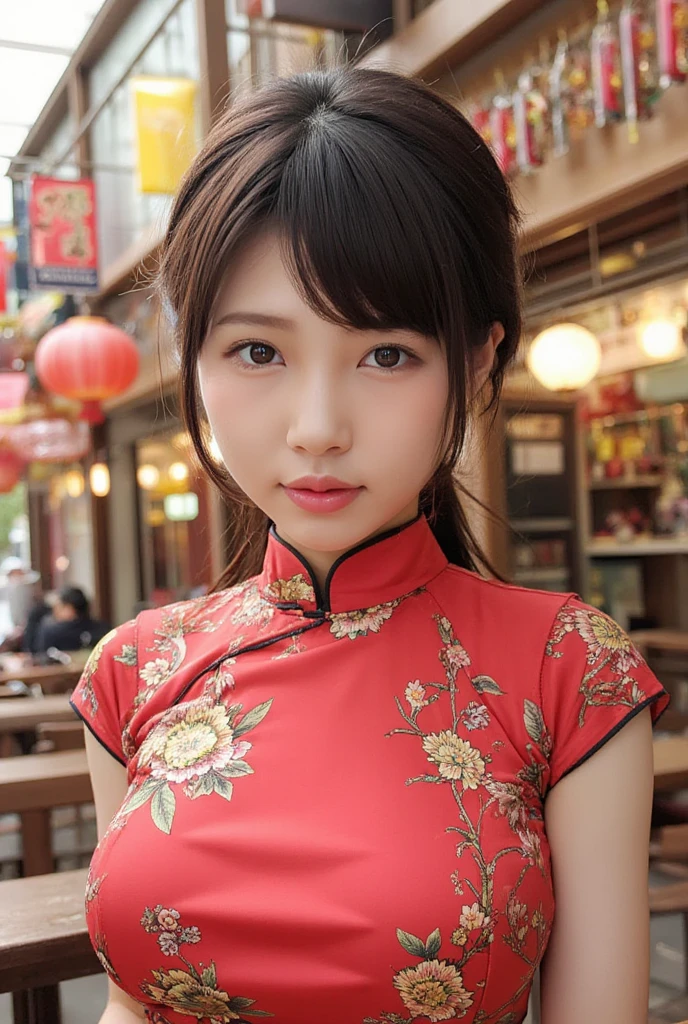 Eyes are very fragile，Double ponytail cheongsam，Chinese New Year Decorations（（Smile artwork）））， （（Best quality））， （（Intricate details））， （（Surrealism））（8K）