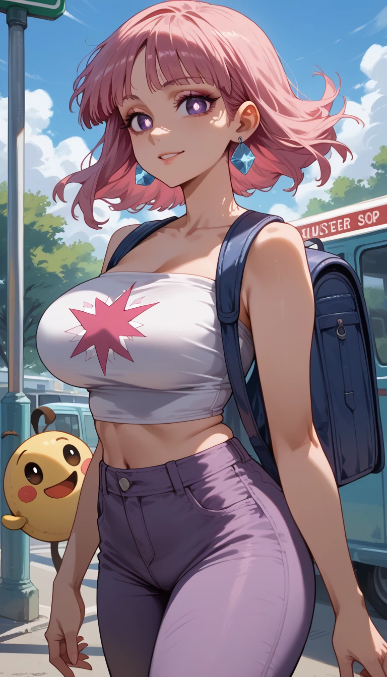 medium hair, pink hair, floating hair, upturned eyes, purple eyes, large breasts, crystal earrings, bright pupils, smiley, makeup, tube top, knicker pants, backpack, bus stop, twilight sky, cowboy shot, super detail, textured skin, anatomically correct, highres, high quality, 4K