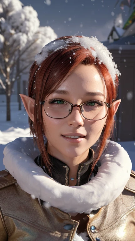 portrait, close-up, upper body. Short, red hair, green eyes, glasses with metal frames, Santa Claus outfit, joyful smile, funny elf girl . (masterpiece, high quality, top quality, official art, Beautiful and aesthetically pleasing:1.2), extremely detailed,(fractal art:1.2),Colorful,The most detailed, (dynamic pose), (snow background:1.5), (Lots of snow:1.4). ((split. leather texture, shiny skin. elegance. photorealism. unreal engine. 3D model. Ultra high quality textures. high detail. resolution 8k))