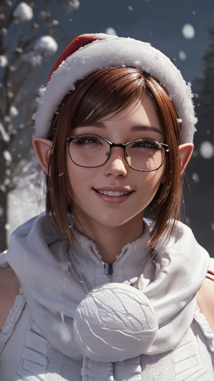 portrait, close-up, upper body. Short, red hair, green eyes, glasses with metal frames, Santa Claus outfit, joyful smile, funny elf girl . (masterpiece, high quality, top quality, official art, Beautiful and aesthetically pleasing:1.2), extremely detailed,(fractal art:1.2),Colorful,The most detailed, (dynamic pose), (snow background:1.5), (Lots of snow:1.4). ((split. leather texture, shiny skin. elegance. photorealism. unreal engine. 3D model. Ultra high quality textures. high detail. resolution 8k))