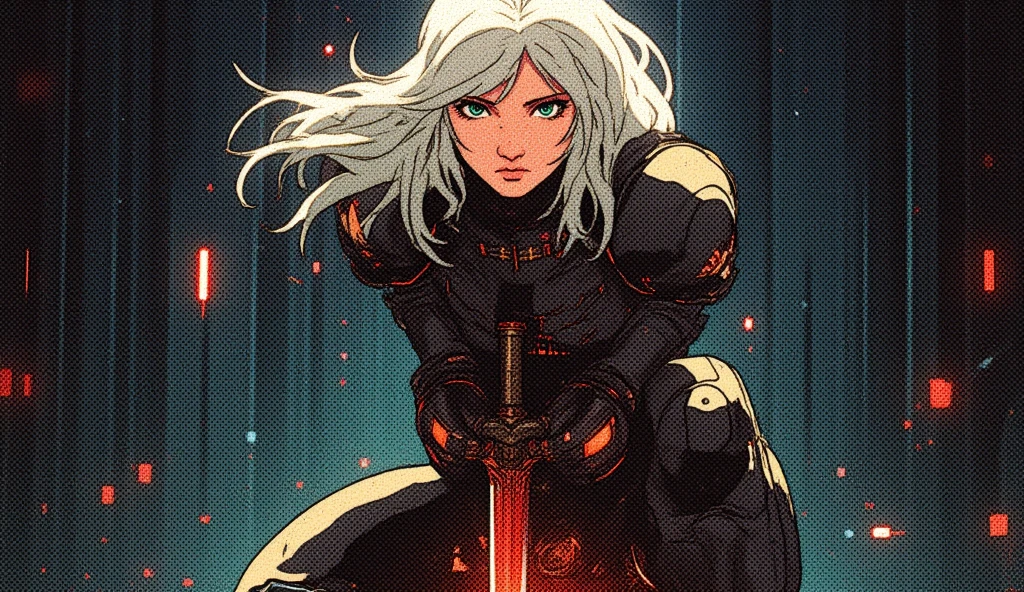 full body shot, ciri from witcher3 as terminator, white hair, green eyes, futuristic cyberpunk sci-fi, half human half mechanical terminator, detailed facial features, holding a high-tech glowy sword, kneeling after fast attack and sword cutting, dark moody lighting, glossy metallic surfaces, intricate mechanical details, cinematic dramatic composition, photorealistic rendering, ultra-detailed 8k, retro anime