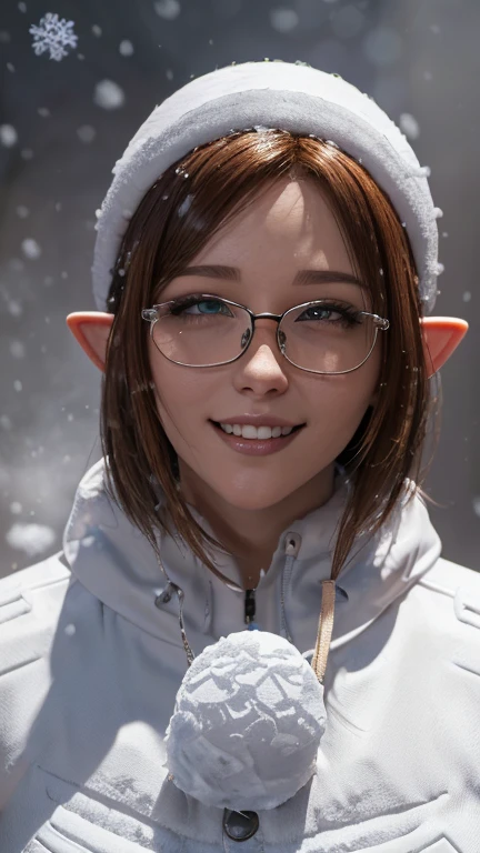 portrait, close-up, upper body. Short, red hair, green eyes, glasses with metal frames, Santa Claus outfit, joyful smile, funny elf girl . (masterpiece, high quality, top quality, official art, Beautiful and aesthetically pleasing:1.2), extremely detailed,(fractal art:1.2),Colorful,The most detailed, (dynamic pose), (snow background:1.5), (Lots of snow:1.4). ((split. leather texture, shiny skin. elegance. photorealism. unreal engine. 3D model. Ultra high quality textures. high detail. resolution 8k))