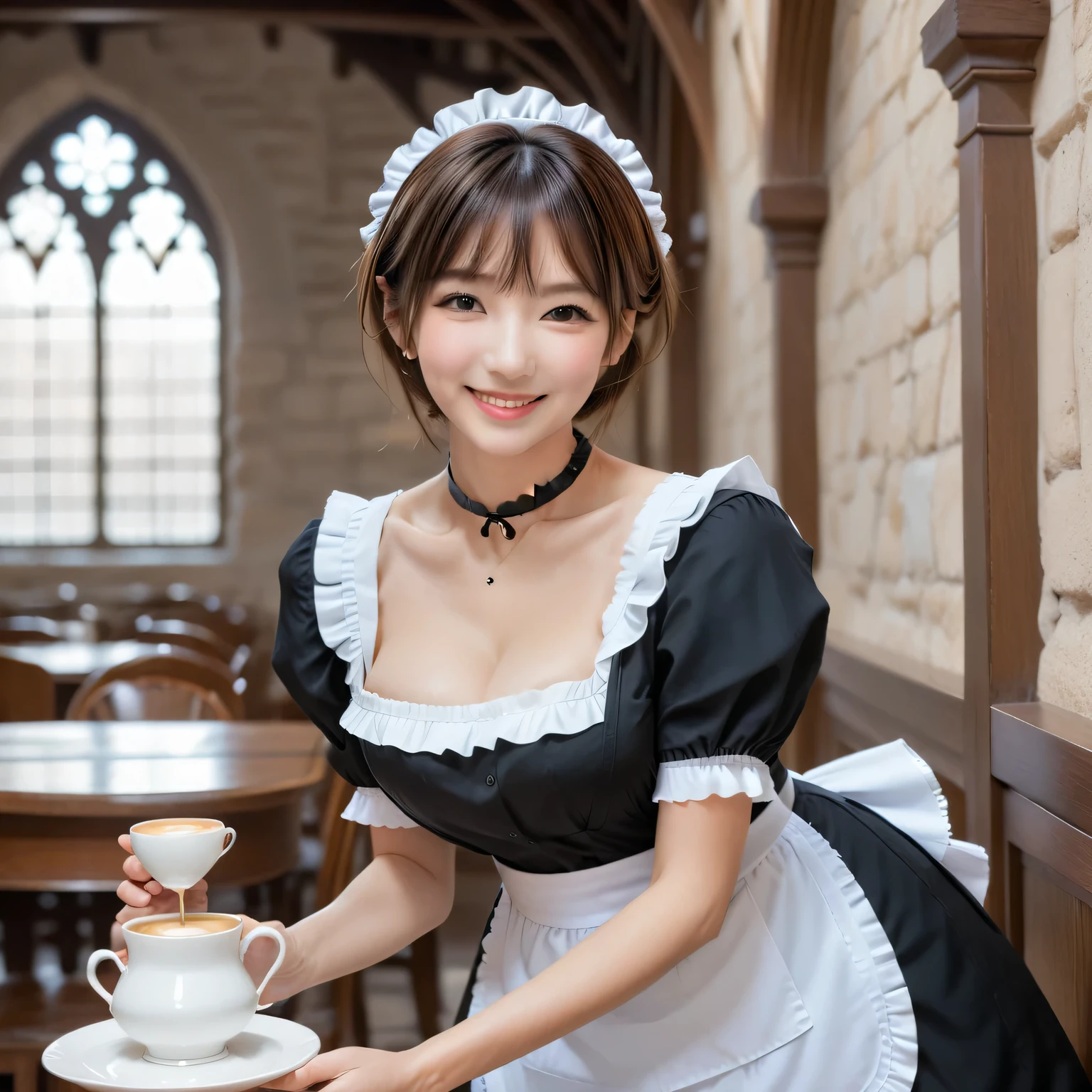 Score_9, Score_8, Score_8upScore_7, Best Quality、masterpiece、Alone、((Cute maid outfit)), ((Layered Haircut)), Slender body, Slim face, （8k，Best Quality），Mid-range shooting,  Adorable， smile，Perfect hands，Black choker、Almond Eye、bangs, Brown Hair, Very thick and long eyelashes, Perfect Makeup, Medieval style, Study, A maid carrying coffee on a tray、The maid is bending over to put down the coffee.., Hunchback