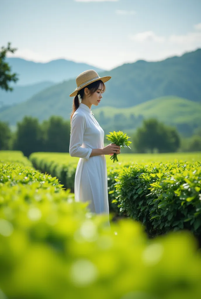 west lake longjing tea garden, a tea picking girl.

full body, professional, perfect composition, ultra-detailed, intricate deta...