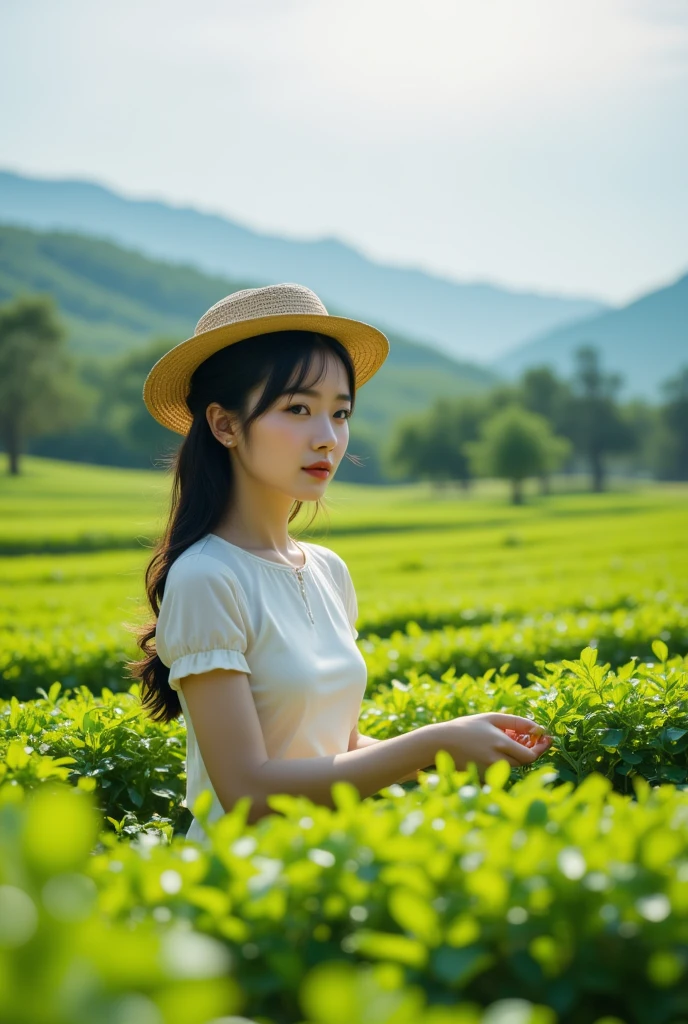 West Lake Longjing Tea Garden, a Tea Picking Girl.

full body, Professional, perfect composition, ultra-detailed, intricate details