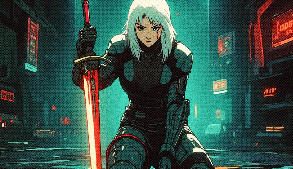 full body shot, panoramic view, ciri from witcher3 as terminator, white hair, green eyes, vertical scar throu left eye, dark makeup around eyes, futuristic cyberpunk sci-fi, half human half mechanical terminator, detailed facial features, holding a high-tech glowy sword, kneeling on one knee after fast attack, holding sword in one hand in an upright arm to the side after fast cutting, dark moody lighting, glossy metallic surfaces, intricate mechanical details, cinematic dramatic composition, photorealistic rendering, ultra-detailed 8k, retro anime