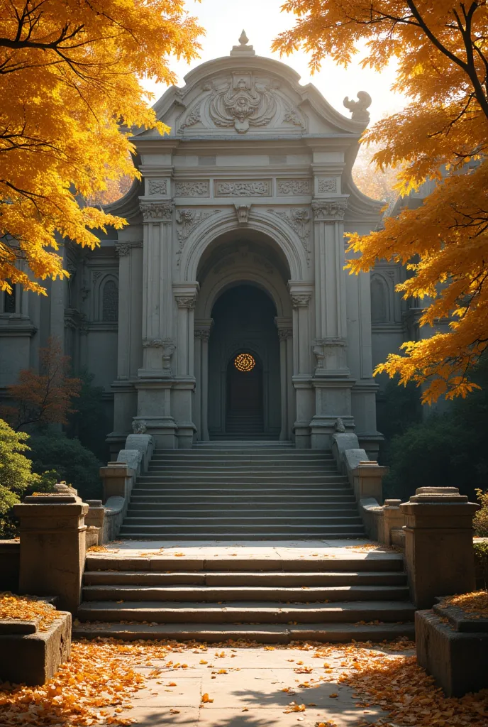 in autumn, temple is surrounded by golden fallen leaves, the ancient temple architecture appears even more solemn against the ba...