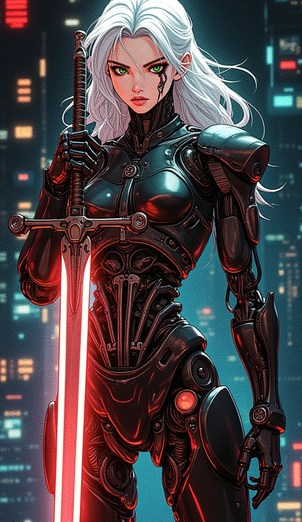 full body shot, ciri from witcher3 as terminator, white hair, green eyes, vertical scar throu left eye, dark makeup around eyes, futuristic cyberpunk sci-fi, half human half mechanical terminator, detailed facial features, high-tech glowy sword, dark moody lighting, glossy metallic surfaces, intricate mechanical details, cinematic dramatic composition, photorealistic rendering, ultra-detailed 8k, retro anime