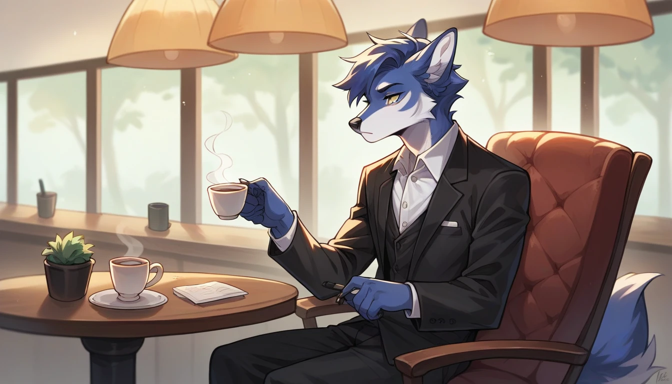  Detailed artistic portrait, of an anthromorphic adult fox, Alone, wearing black suit, sitting on a chair, having a cup of tea, in a coffee shop, tables, chairs, liqueurs, in the background.