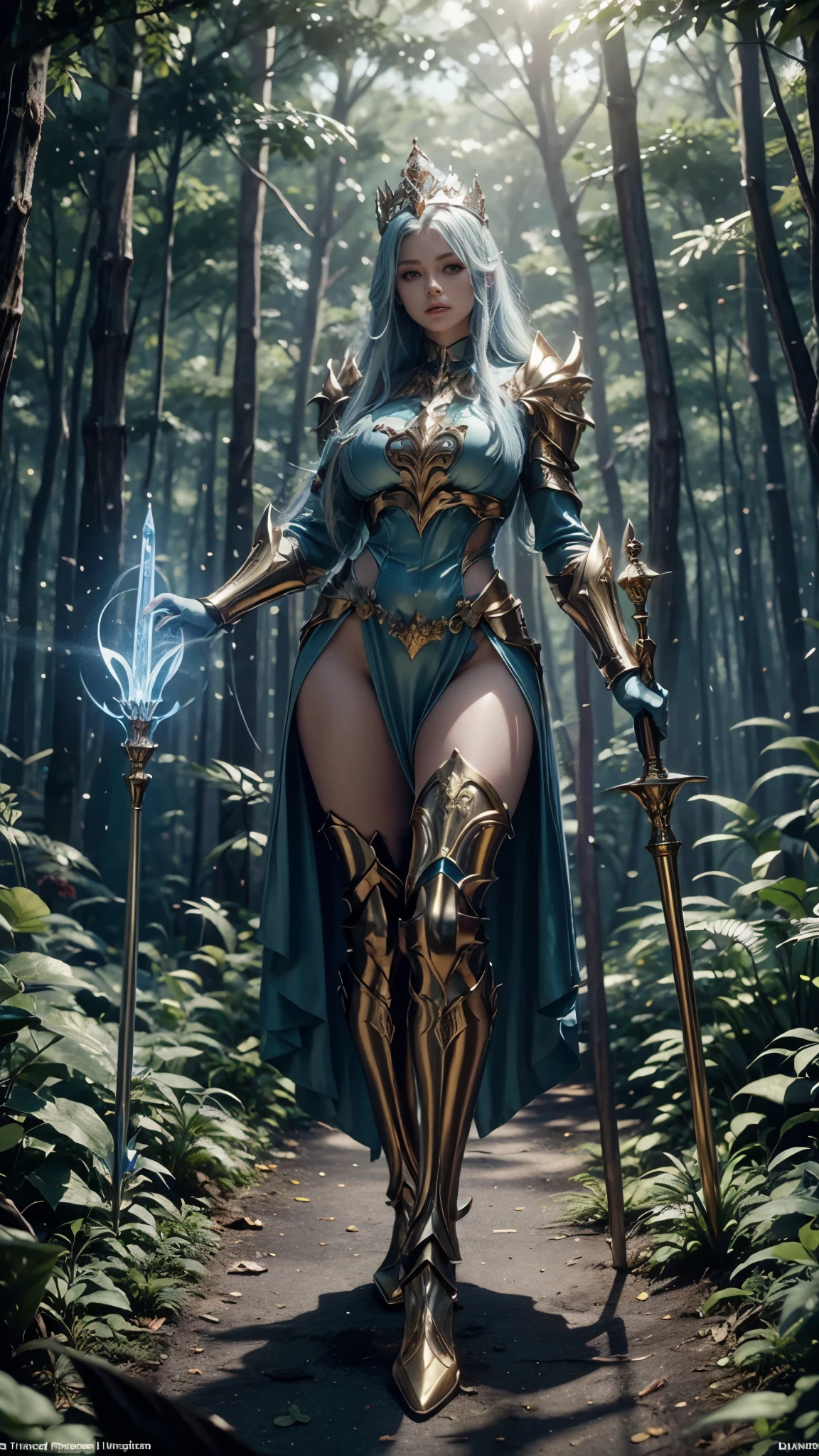 In a pleasant forest, women full body, legs thick, hips. wearing a blue suit of paladin powers, futurist. Armadura templária com detaileds de ouro fino, A goddess with long white hair, ultra detailed eyes, gold Crown, holding a staff with large glowing crystal at the tip of the glowing staff, detaileds: 1.2) 4K ultra-HD, slr digital, soft lighting, high qualiy