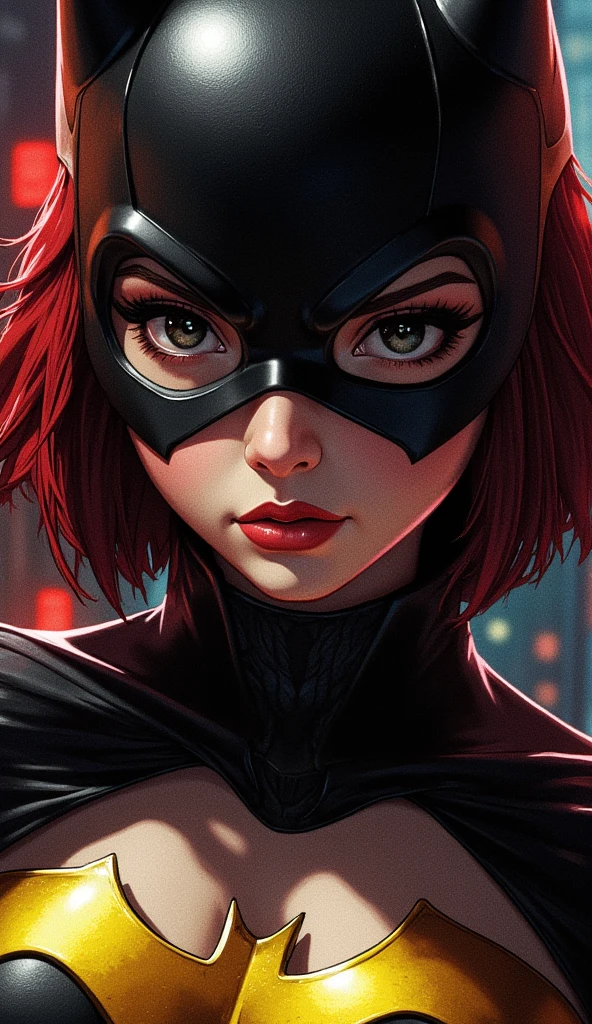 full body shot of batgirl without mask, mask off, woman in batgir costume with mask off, sharp and strong facial features, short black-red hair, dark make up around eyes, beautiful detailed eyes, beautiful detailed lips, extremely detailed face, intricate details, cinematic lighting, dramatic shadows, moody color tones, digital painting, hyperdetailed, 8k, (best quality,4k,8k,highres,masterpiece:1.2),ultra-detailed,(realistic,photorealistic,photo-realistic:1.37), scg-anatomy-female, retro anime style