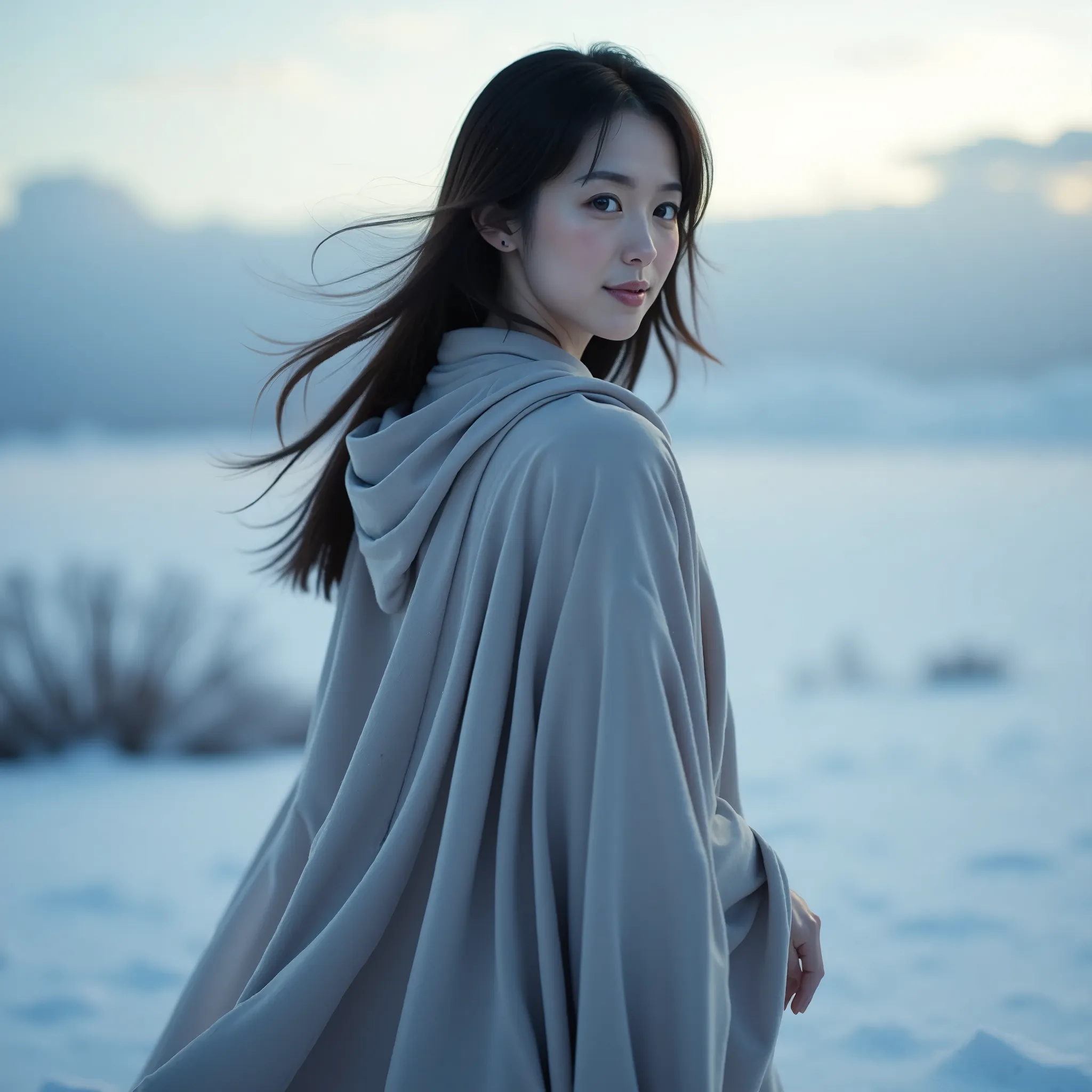 (portrait)y,an asian slender woman is standing in the snow at dawn. soft blue sunlight gently casts upon her. she is wearing a l...