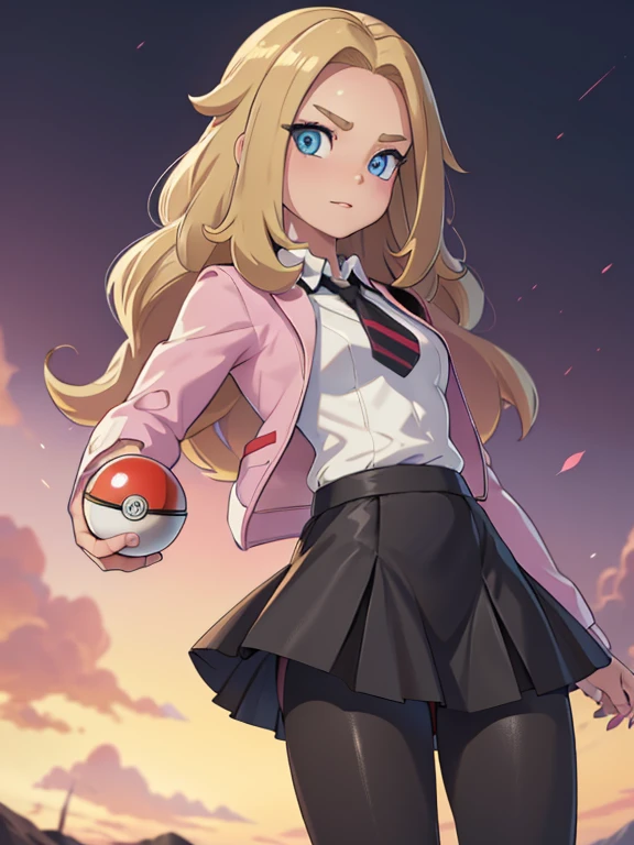 (masterpiece:1.2), best quality, high resolution, unity 8k wallpaper, (illustration:0.8), (beautiful detailed eyes:1.6), extremely detailed face, perfect lighting, extremely detailed CG, (perfect hands, perfect anatomy), a Lass from Pokemon Sword and Shield, blonde hair, blue eyes. (holding a poke ball:1.3). (Wearing: A school uniform, opened magenta jacket, white undershirt, magenta tie, short black skirt and black shiny leggings).