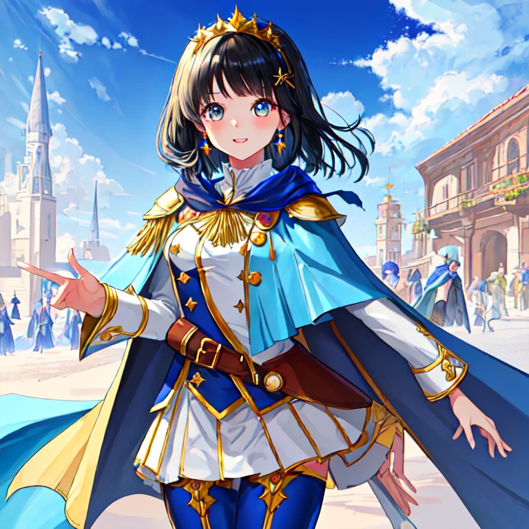 (detailed:1.2),(Illustration icon),超High resolution, Attention to detail, High image quality, High resolution, 最High image quality, 4K, 8k, (Artwork)、Clear sky、cute、Black Hair、short、Hair Accessories、Works that emphasize the sky and blue、Poster、(Fantasy World Costumes:1.2)、(Blue Cape:1.37)