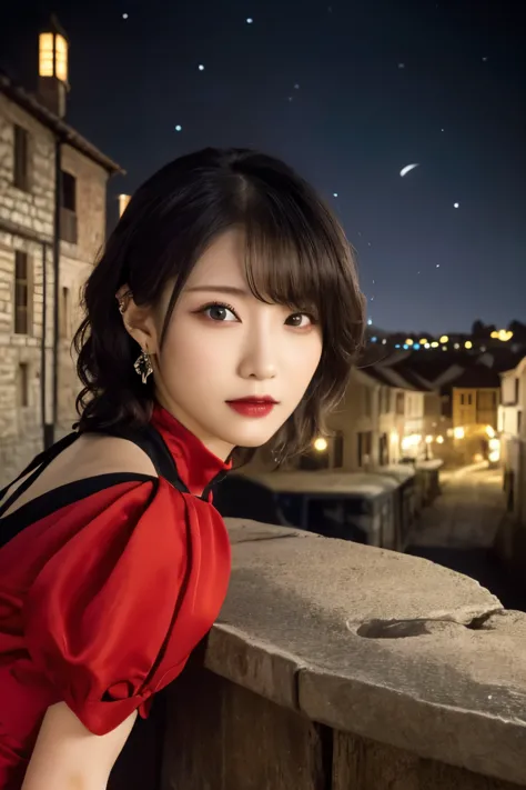 1 girl, (she is wearing a red dress:1.2), (gothic makeup), portrait of a very cute japanese symphonic metal singer, (raw photo b...