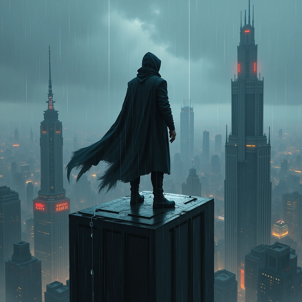 Design a cover of a man on top of a futuristic building in the rain with a hood watching the city 